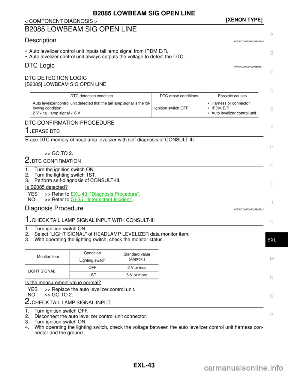 NISSAN TEANA 2008  Service Manual B2085 LOWBEAM SIG OPEN LINE
EXL-43
< COMPONENT DIAGNOSIS >[XENON TYPE]
C
D
E
F
G
H
I
J
K
MA
B
EXL
N
O
P
B2085 LOWBEAM SIG OPEN LINE
DescriptionINFOID:0000000003805610
 Auto levelizer control unit inp