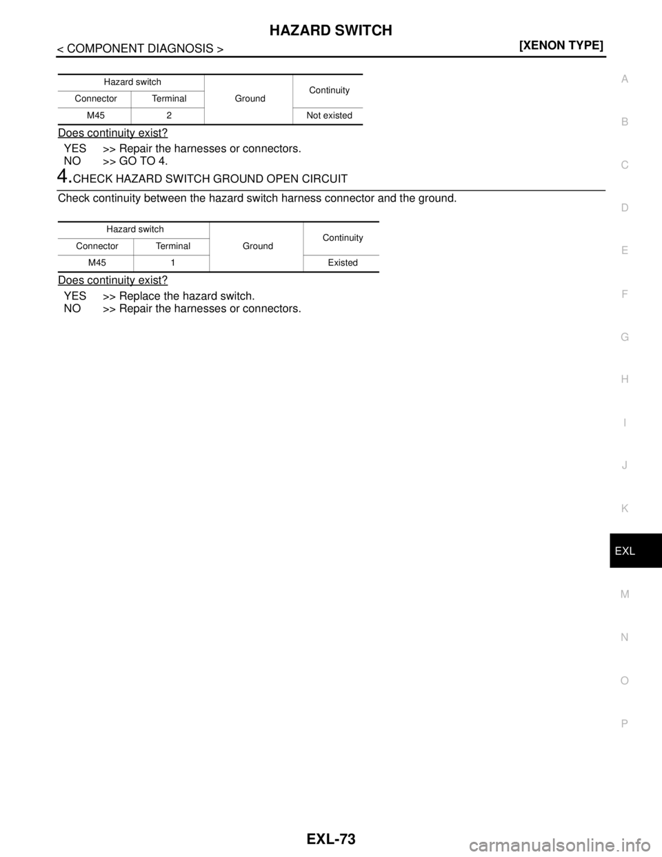 NISSAN TEANA 2008  Service Manual HAZARD SWITCH
EXL-73
< COMPONENT DIAGNOSIS >[XENON TYPE]
C
D
E
F
G
H
I
J
K
MA
B
EXL
N
O
P
Does continuity exist?
YES >> Repair the harnesses or connectors.
NO >> GO TO 4.
4.CHECK HAZARD SWITCH GROUND 