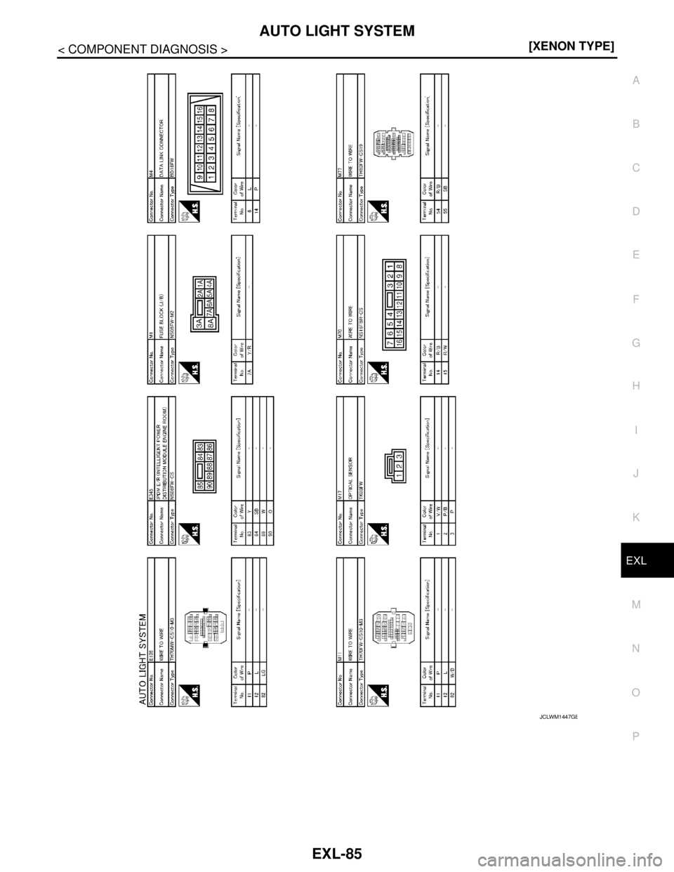 NISSAN TEANA 2008  Service Manual AUTO LIGHT SYSTEM
EXL-85
< COMPONENT DIAGNOSIS >[XENON TYPE]
C
D
E
F
G
H
I
J
K
MA
B
EXL
N
O
P
JCLWM1447GB 
