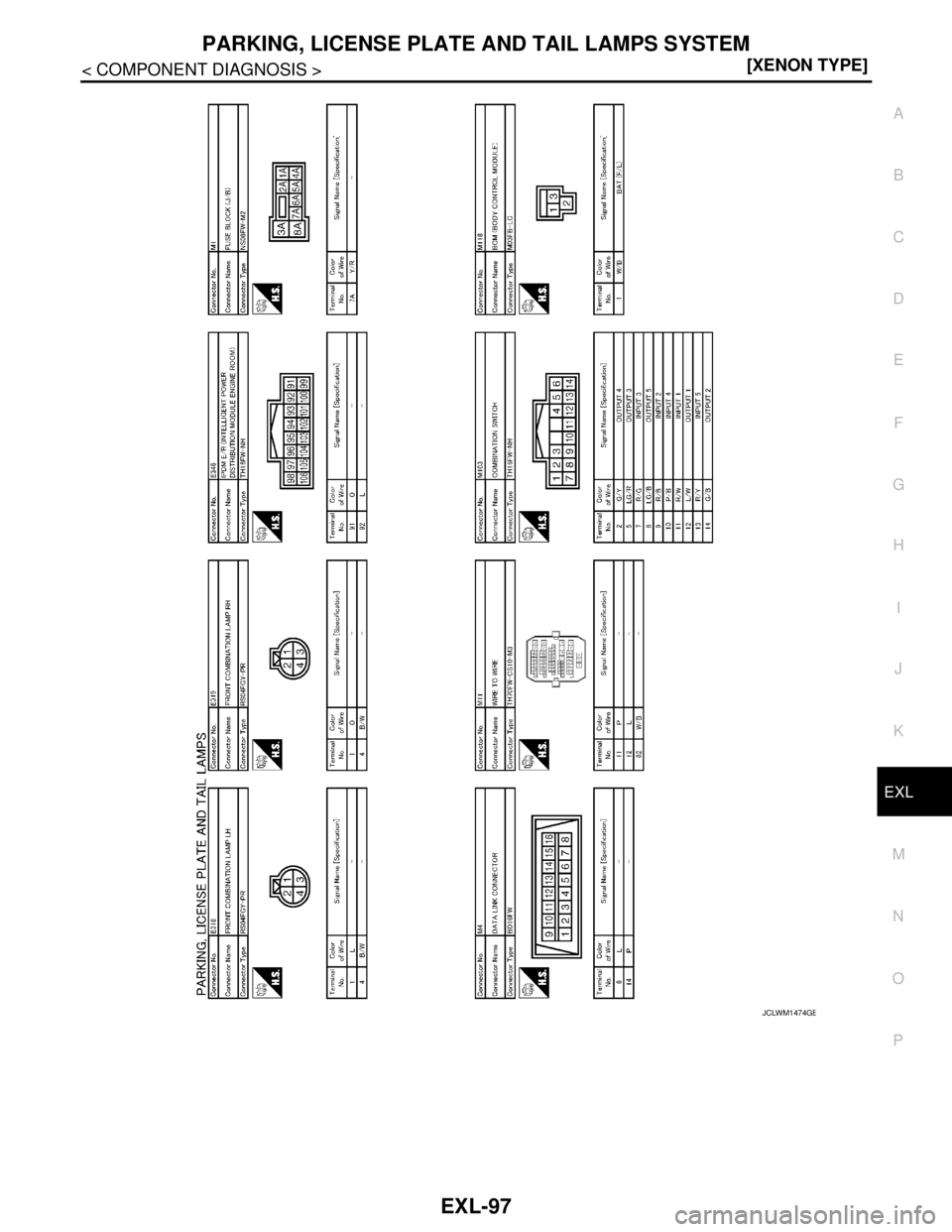 NISSAN TEANA 2008  Service Manual PARKING, LICENSE PLATE AND TAIL LAMPS SYSTEM
EXL-97
< COMPONENT DIAGNOSIS >[XENON TYPE]
C
D
E
F
G
H
I
J
K
MA
B
EXL
N
O
P
JCLWM1474GB 