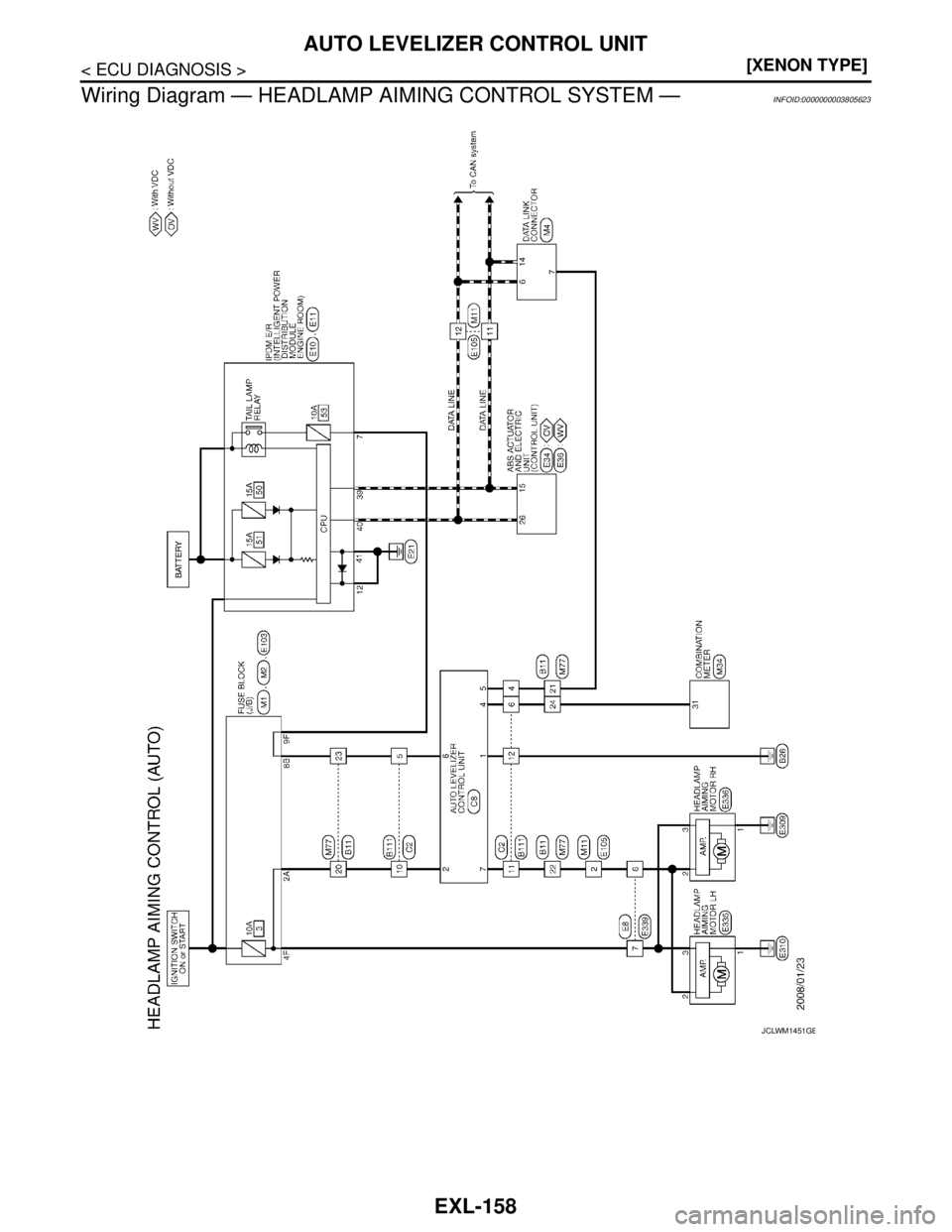 NISSAN TEANA 2008  Service Manual EXL-158
< ECU DIAGNOSIS >[XENON TYPE]
AUTO LEVELIZER CONTROL UNIT
Wiring Diagram — HEADLAMP AIMING CONTROL SYSTEM —
INFOID:0000000003805623
JCLWM1451GB 