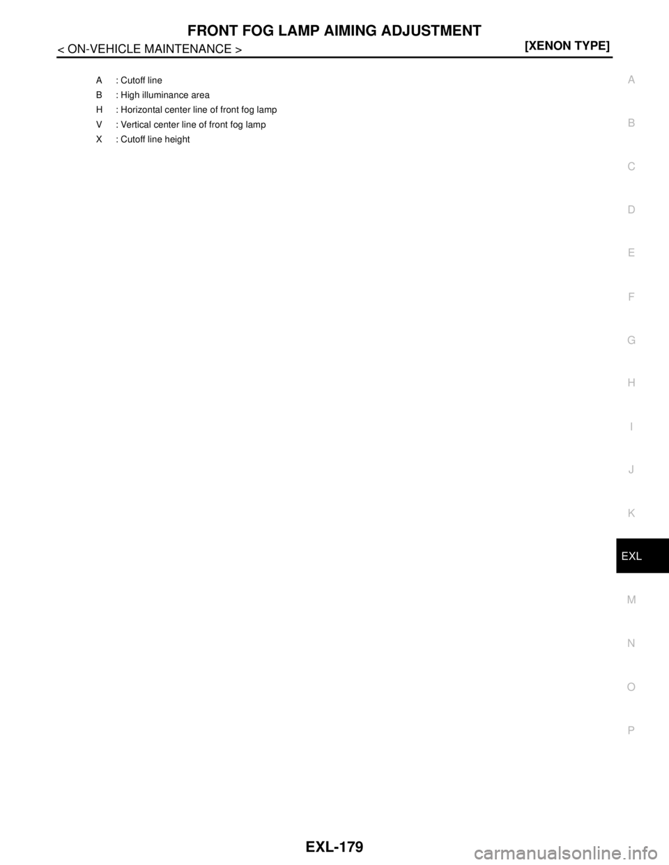 NISSAN TEANA 2008  Service Manual FRONT FOG LAMP AIMING ADJUSTMENT
EXL-179
< ON-VEHICLE MAINTENANCE >[XENON TYPE]
C
D
E
F
G
H
I
J
K
MA
B
EXL
N
O
P
A : Cutoff line
B : High illuminance area
H : Horizontal center line of front fog lamp
