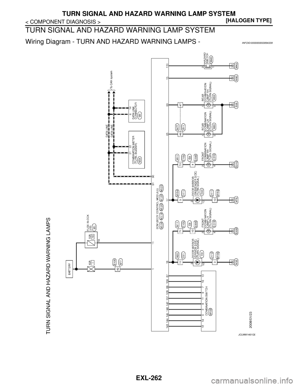 NISSAN TEANA 2008  Service Manual EXL-262
< COMPONENT DIAGNOSIS >[HALOGEN TYPE]
TURN SIGNAL AND HAZARD WARNING LAMP SYSTEM
TURN SIGNAL AND HAZARD WARNING LAMP SYSTEM
Wiring Diagram - TURN AND HAZARD WARNING LAMPS -INFOID:0000000003894
