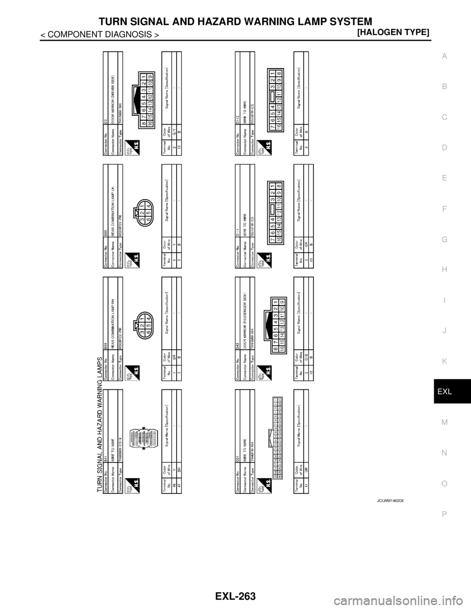 NISSAN TEANA 2008  Service Manual TURN SIGNAL AND HAZARD WARNING LAMP SYSTEM
EXL-263
< COMPONENT DIAGNOSIS >[HALOGEN TYPE]
C
D
E
F
G
H
I
J
K
MA
B
EXL
N
O
P
JCLWM1462GB 