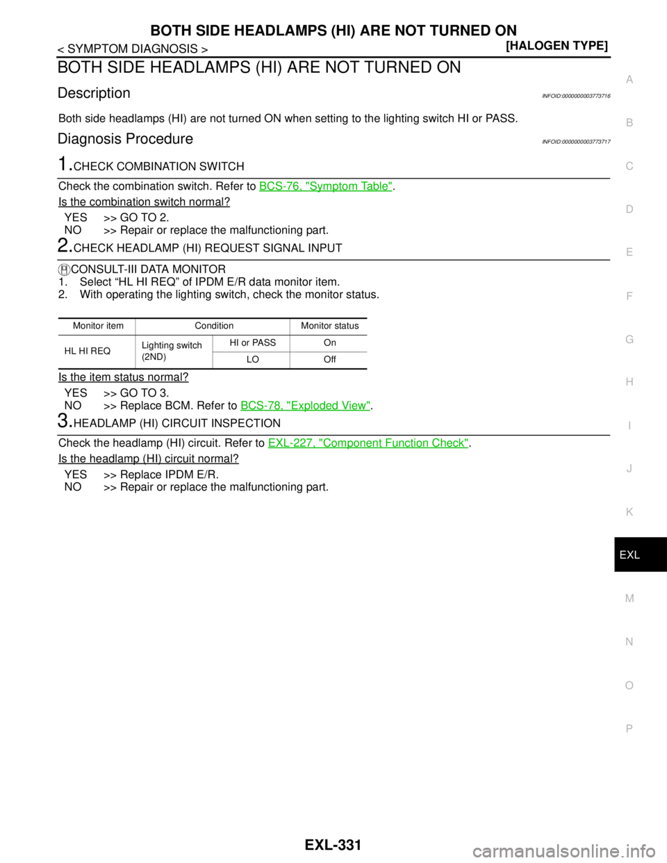 NISSAN TEANA 2008  Service Manual BOTH SIDE HEADLAMPS (HI) ARE NOT TURNED ON
EXL-331
< SYMPTOM DIAGNOSIS >[HALOGEN TYPE]
C
D
E
F
G
H
I
J
K
MA
B
EXL
N
O
P
BOTH SIDE HEADLAMPS (HI) ARE NOT TURNED ON
DescriptionINFOID:0000000003773716
Bo