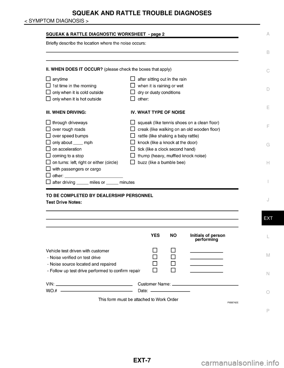 NISSAN TEANA 2008  Service Manual SQUEAK AND RATTLE TROUBLE DIAGNOSES
EXT-7
< SYMPTOM DIAGNOSIS >
C
D
E
F
G
H
I
J
L
MA
B
EXT
N
O
P
PIIB8742E 