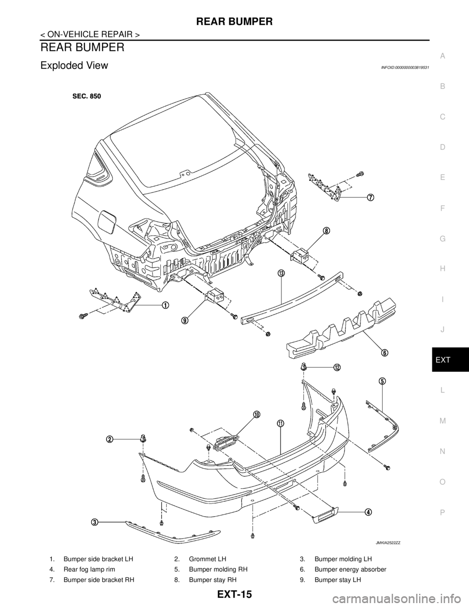 NISSAN TEANA 2008  Service Manual REAR BUMPER
EXT-15
< ON-VEHICLE REPAIR >
C
D
E
F
G
H
I
J
L
MA
B
EXT
N
O
P
REAR BUMPER
Exploded ViewINFOID:0000000003819531
1. Bumper side bracket LH 2. Grommet LH 3. Bumper molding LH
4. Rear fog lamp