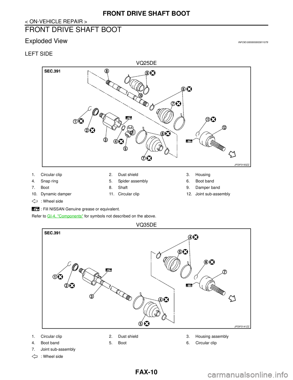 NISSAN TEANA 2008  Service Manual FAX-10
< ON-VEHICLE REPAIR >
FRONT DRIVE SHAFT BOOT
FRONT DRIVE SHAFT BOOT
Exploded ViewINFOID:0000000003811079
LEFT SIDE
VQ25DE
VQ35DE
JPDIF0193ZZ
1. Circular clip 2. Dust shield 3. Housing
4. Snap r
