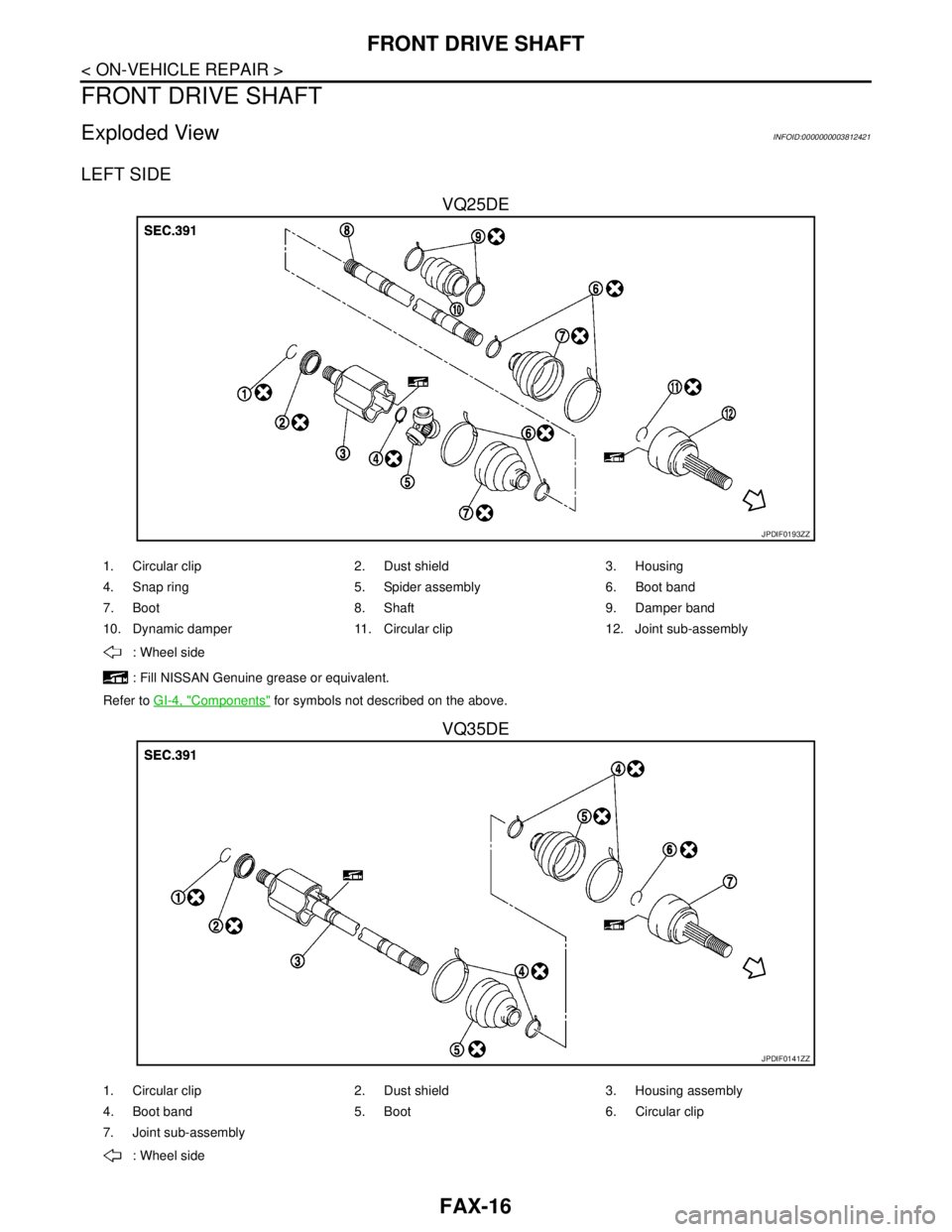 NISSAN TEANA 2008  Service Manual FAX-16
< ON-VEHICLE REPAIR >
FRONT DRIVE SHAFT
FRONT DRIVE SHAFT
Exploded ViewINFOID:0000000003812421
LEFT SIDE
VQ25DE
VQ35DE
JPDIF0193ZZ
1. Circular clip 2. Dust shield 3. Housing
4. Snap ring 5. Spi