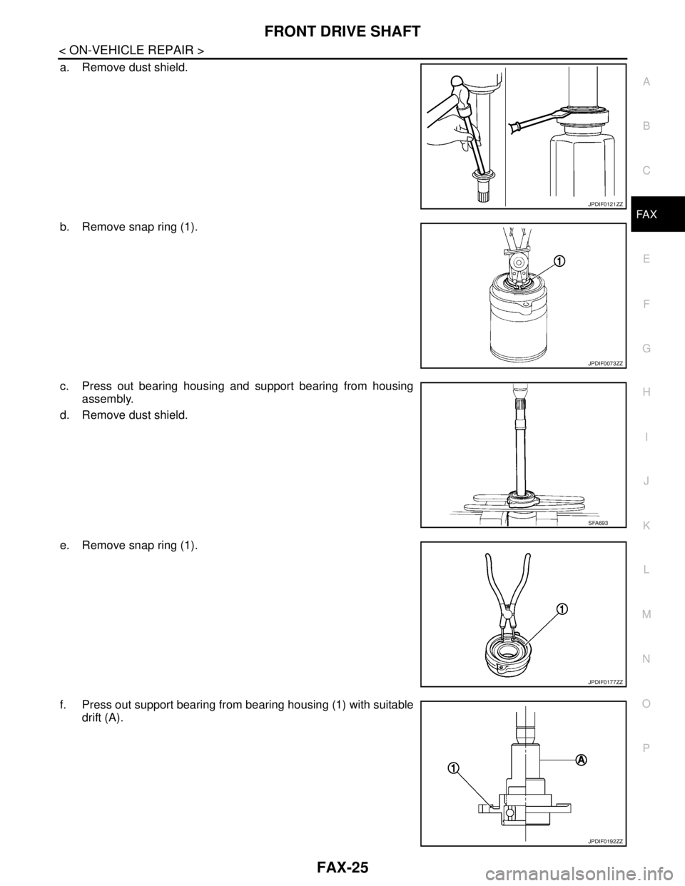 NISSAN TEANA 2008  Service Manual FRONT DRIVE SHAFT
FAX-25
< ON-VEHICLE REPAIR >
C
E
F
G
H
I
J
K
L
MA
B
FA X
N
O
P
a. Remove dust shield.
b. Remove snap ring (1).
c. Press out bearing housing and support bearing from housing
assembly.