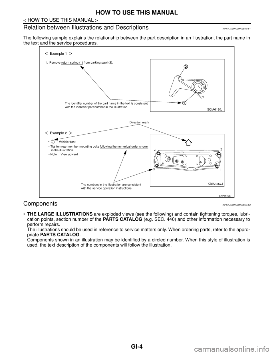 NISSAN TEANA 2008  Service Manual GI-4
< HOW TO USE THIS MANUAL >
HOW TO USE THIS MANUAL
Relation between Illustrations and Descriptions
INFOID:0000000003852761
The following sample explains the relationship between the part descripti