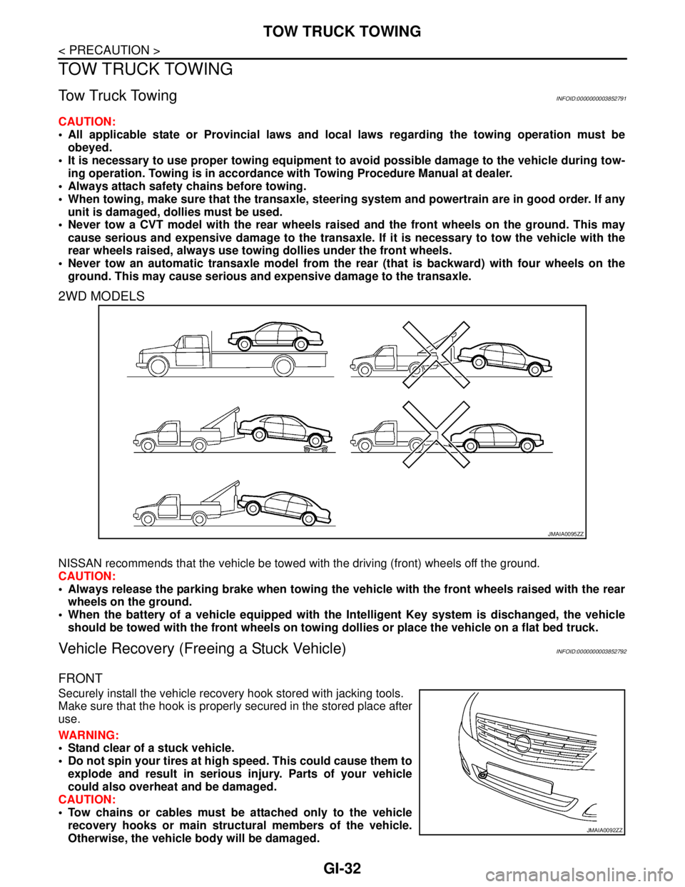 NISSAN TEANA 2008 Service Manual GI-32
< PRECAUTION >
TOW TRUCK TOWING
TOW TRUCK TOWING
Tow Truck TowingINFOID:0000000003852791
CAUTION:
All applicable state or Provincial laws and local laws regarding the towing operation must be
NISSAN TEANA 2008 Service Manual GI-32
< PRECAUTION >
TOW TRUCK TOWING
TOW TRUCK TOWING
Tow Truck TowingINFOID:0000000003852791
CAUTION:
All applicable state or Provincial laws and local laws regarding the towing operation must be