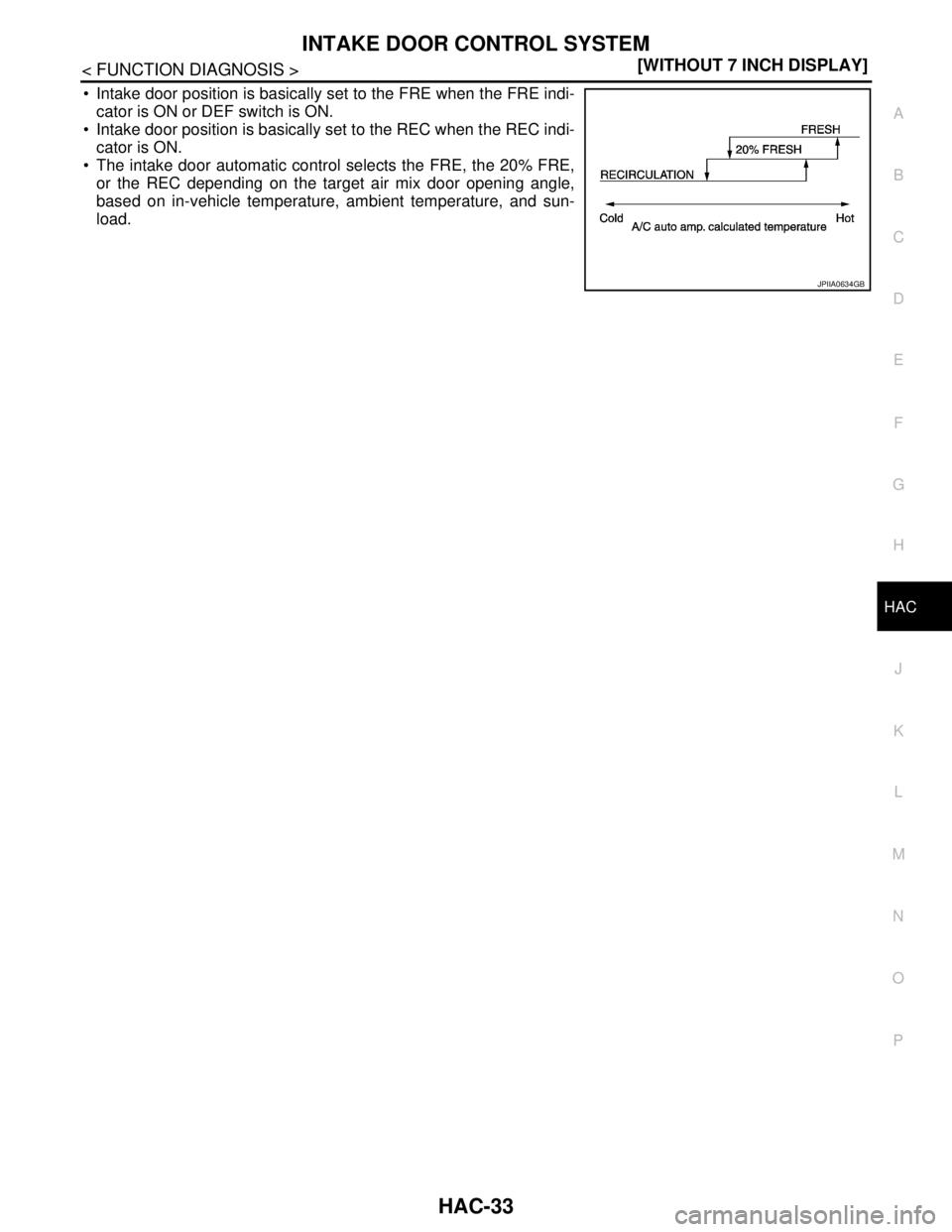 NISSAN TEANA 2008  Service Manual INTAKE DOOR CONTROL SYSTEM
HAC-33
< FUNCTION DIAGNOSIS >[WITHOUT 7 INCH DISPLAY]
C
D
E
F
G
H
J
K
L
MA
B
HAC
N
O
P
 Intake door position is basically set to the FRE when the FRE indi-
cator is ON or D