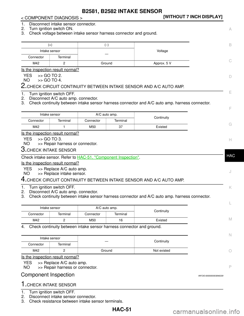 NISSAN TEANA 2008  Service Manual B2581, B2582 INTAKE SENSOR
HAC-51
< COMPONENT DIAGNOSIS >[WITHOUT 7 INCH DISPLAY]
C
D
E
F
G
H
J
K
L
MA
B
HAC
N
O
P
1. Disconnect intake sensor connector.
2. Turn ignition switch ON.
3. Check voltage b
