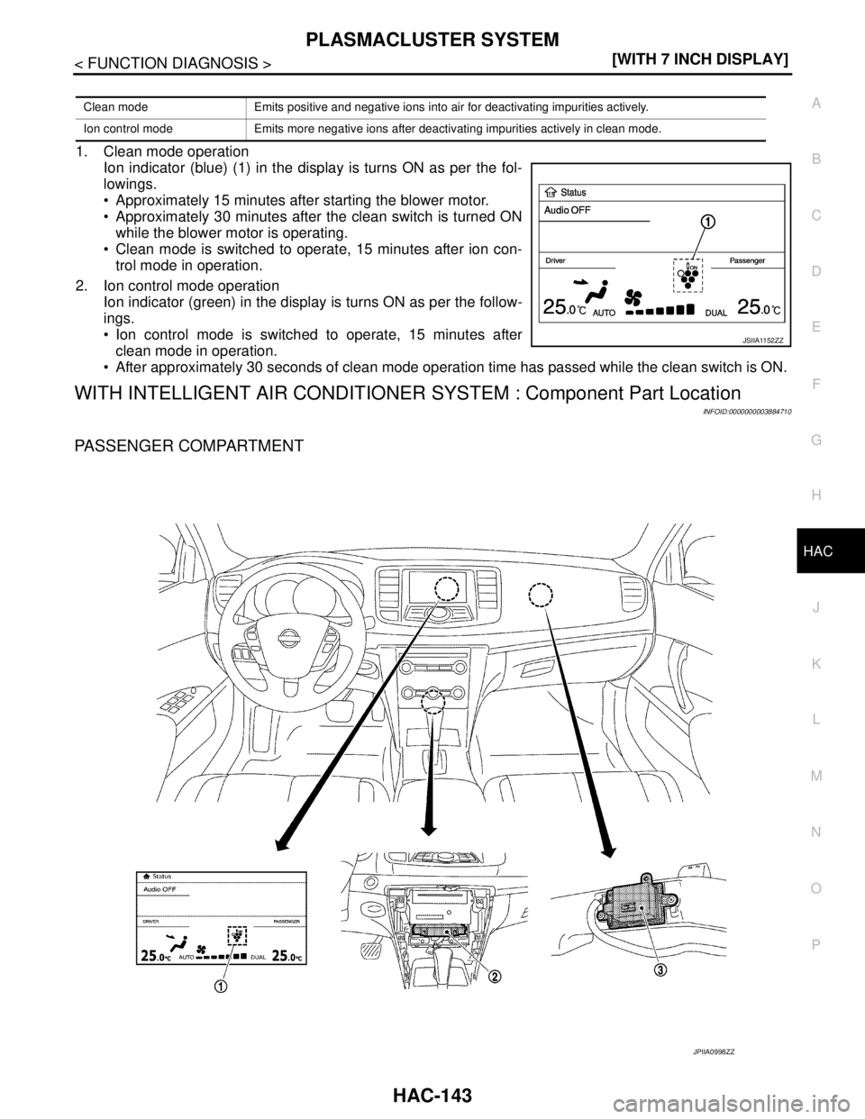 NISSAN TEANA 2008  Service Manual PLASMACLUSTER SYSTEM
HAC-143
< FUNCTION DIAGNOSIS >[WITH 7 INCH DISPLAY]
C
D
E
F
G
H
J
K
L
MA
B
HAC
N
O
P
1. Clean mode operation
Ion indicator (blue) (1) in the display is turns ON as per the fol-
lo