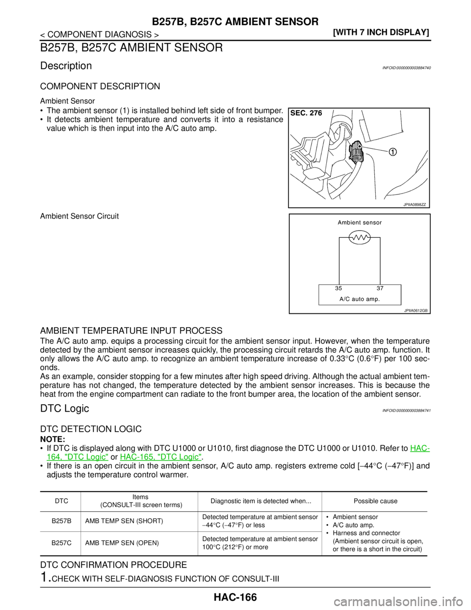 NISSAN TEANA 2008  Service Manual HAC-166
< COMPONENT DIAGNOSIS >[WITH 7 INCH DISPLAY]
B257B, B257C AMBIENT SENSOR
B257B, B257C AMBIENT SENSOR
DescriptionINFOID:0000000003884740
COMPONENT DESCRIPTION
Ambient Sensor
 The ambient senso