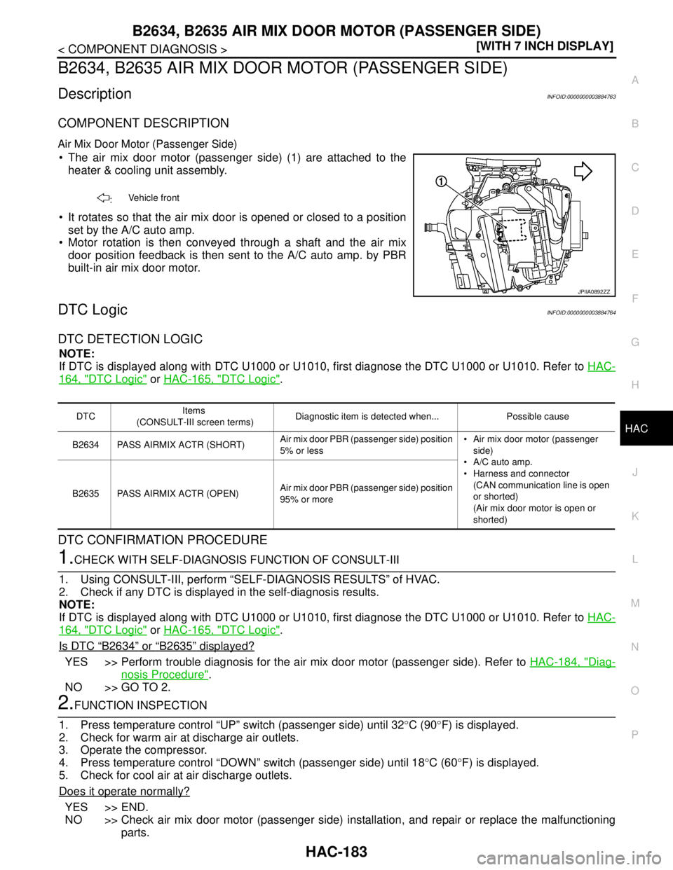 NISSAN TEANA 2008  Service Manual B2634, B2635 AIR MIX DOOR MOTOR (PASSENGER SIDE)
HAC-183
< COMPONENT DIAGNOSIS >[WITH 7 INCH DISPLAY]
C
D
E
F
G
H
J
K
L
MA
B
HAC
N
O
P
B2634, B2635 AIR MIX DOOR MOTOR (PASSENGER SIDE)
DescriptionINFOI