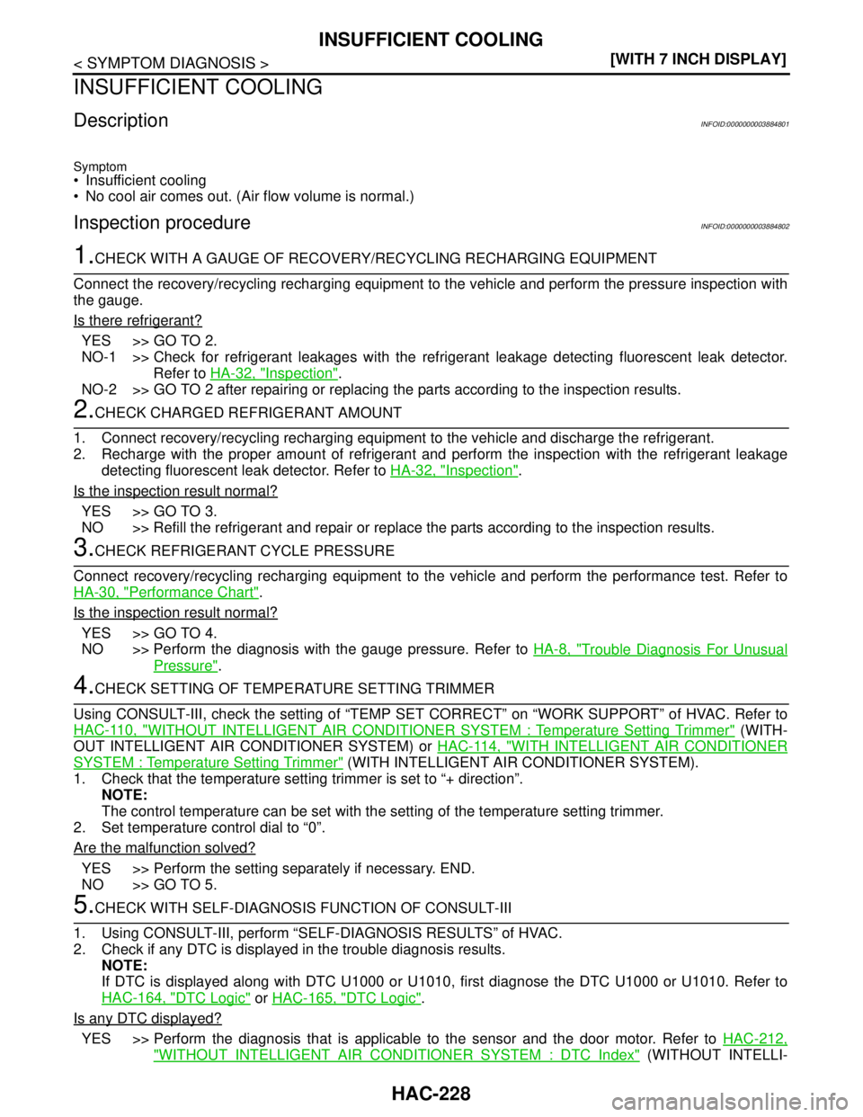 NISSAN TEANA 2008  Service Manual HAC-228
< SYMPTOM DIAGNOSIS >[WITH 7 INCH DISPLAY]
INSUFFICIENT COOLING
INSUFFICIENT COOLING
DescriptionINFOID:0000000003884801
Symptom
 Insufficient cooling
 No cool air comes out. (Air flow volume