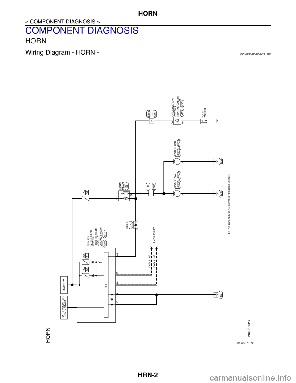 NISSAN TEANA 2008  Service Manual HRN-2
< COMPONENT DIAGNOSIS >
HORN
COMPONENT DIAGNOSIS
HORN
Wiring Diagram - HORN -INFOID:0000000003761550
JCLWM1511GB 