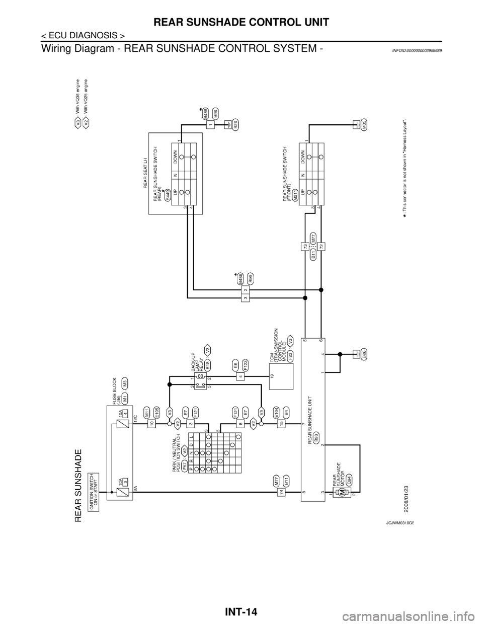 NISSAN TEANA 2008  Service Manual INT-14
< ECU DIAGNOSIS >
REAR SUNSHADE CONTROL UNIT
Wiring Diagram - REAR SUNSHADE CONTROL SYSTEM -
INFOID:0000000003959689
JCJWM0310GB 
