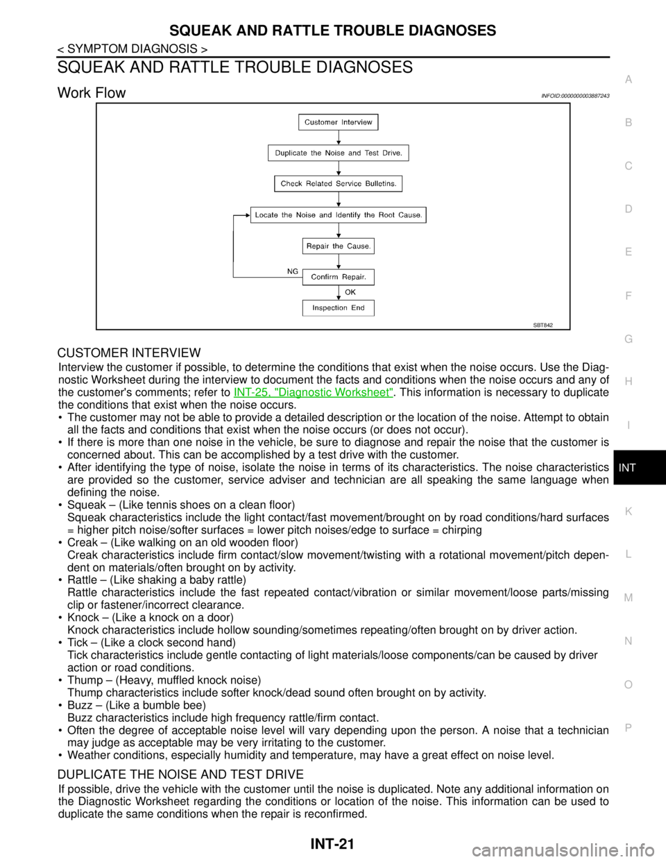 NISSAN TEANA 2008 Service Manual SQUEAK AND RATTLE TROUBLE DIAGNOSES
INT-21
< SYMPTOM DIAGNOSIS >
C
D
E
F
G
H
I
K
L
MA
B
INT
N
O
P
SQUEAK AND RATTLE TROUBLE DIAGNOSES
Work FlowINFOID:0000000003887243
CUSTOMER INTERVIEW
Interview the NISSAN TEANA 2008 Service Manual SQUEAK AND RATTLE TROUBLE DIAGNOSES
INT-21
< SYMPTOM DIAGNOSIS >
C
D
E
F
G
H
I
K
L
MA
B
INT
N
O
P
SQUEAK AND RATTLE TROUBLE DIAGNOSES
Work FlowINFOID:0000000003887243
CUSTOMER INTERVIEW
Interview the