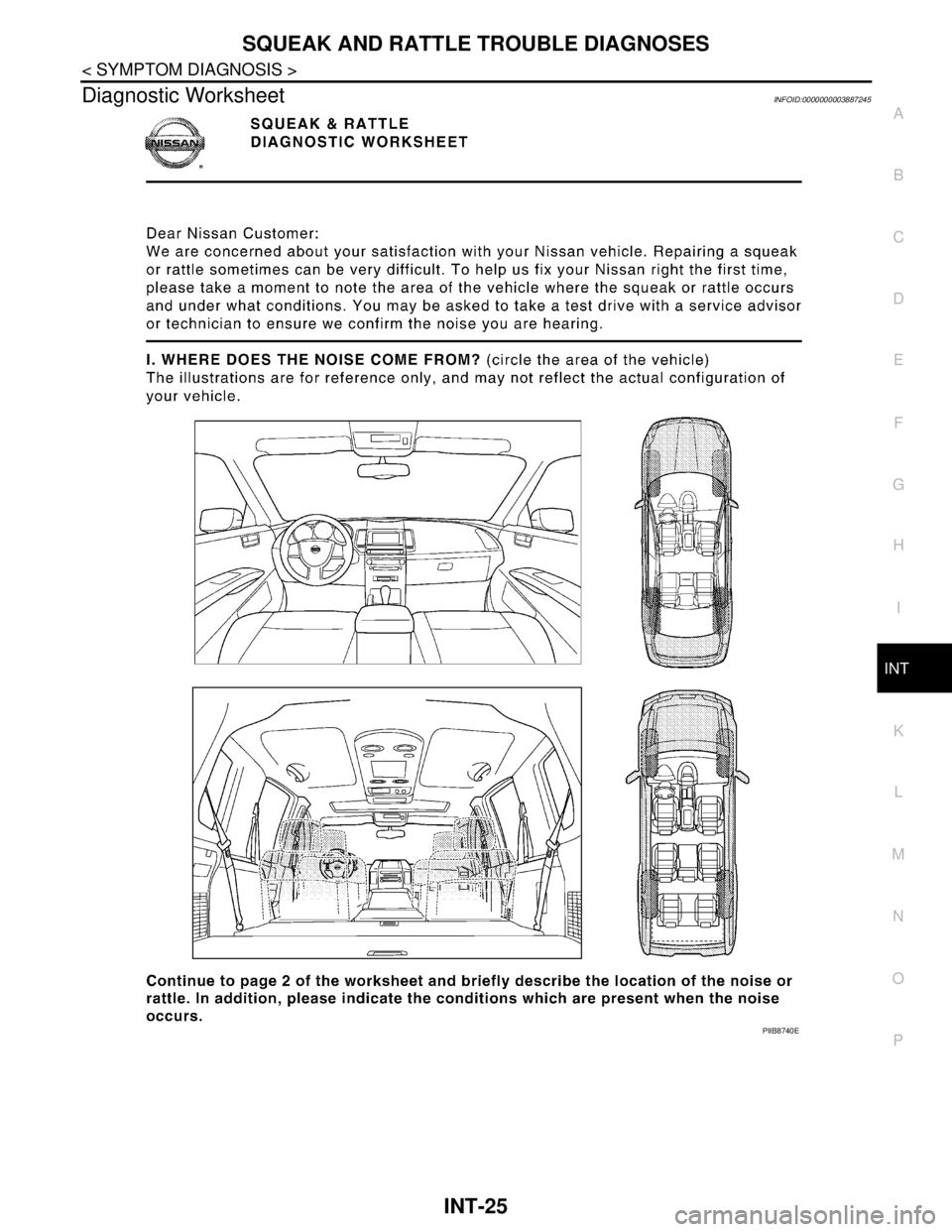 NISSAN TEANA 2008  Service Manual SQUEAK AND RATTLE TROUBLE DIAGNOSES
INT-25
< SYMPTOM DIAGNOSIS >
C
D
E
F
G
H
I
K
L
MA
B
INT
N
O
P
Diagnostic WorksheetINFOID:0000000003887245
PIIB8740E 