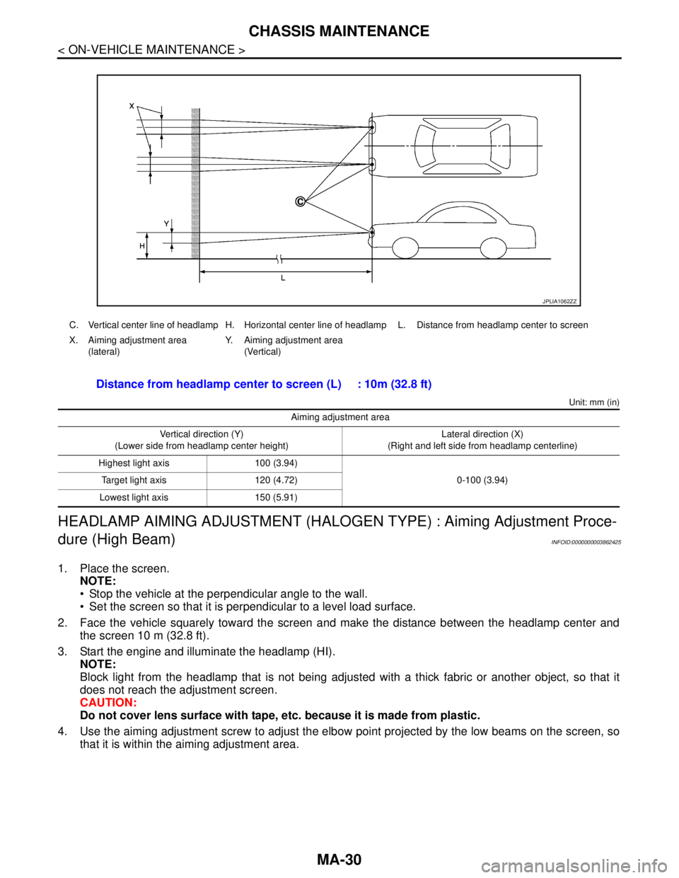 NISSAN TEANA 2008 Service Manual MA-30
< ON-VEHICLE MAINTENANCE >
CHASSIS MAINTENANCE
Unit: mm (in)
HEADLAMP AIMING ADJUSTMENT (HALOGEN TYPE) : Aiming Adjustment Proce-
dure (High Beam)
INFOID:0000000003862425
1. Place the screen.
N NISSAN TEANA 2008 Service Manual MA-30
< ON-VEHICLE MAINTENANCE >
CHASSIS MAINTENANCE
Unit: mm (in)
HEADLAMP AIMING ADJUSTMENT (HALOGEN TYPE) : Aiming Adjustment Proce-
dure (High Beam)
INFOID:0000000003862425
1. Place the screen.
N
