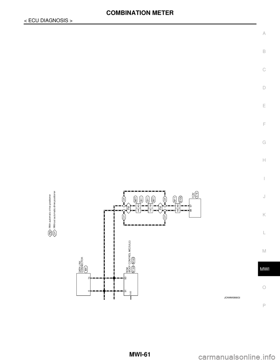 NISSAN TEANA 2008  Service Manual MWI
COMBINATION METER
MWI-61
< ECU DIAGNOSIS >
C
D
E
F
G
H
I
J
K
L
MB A
O
P
JCNWM0866GB 