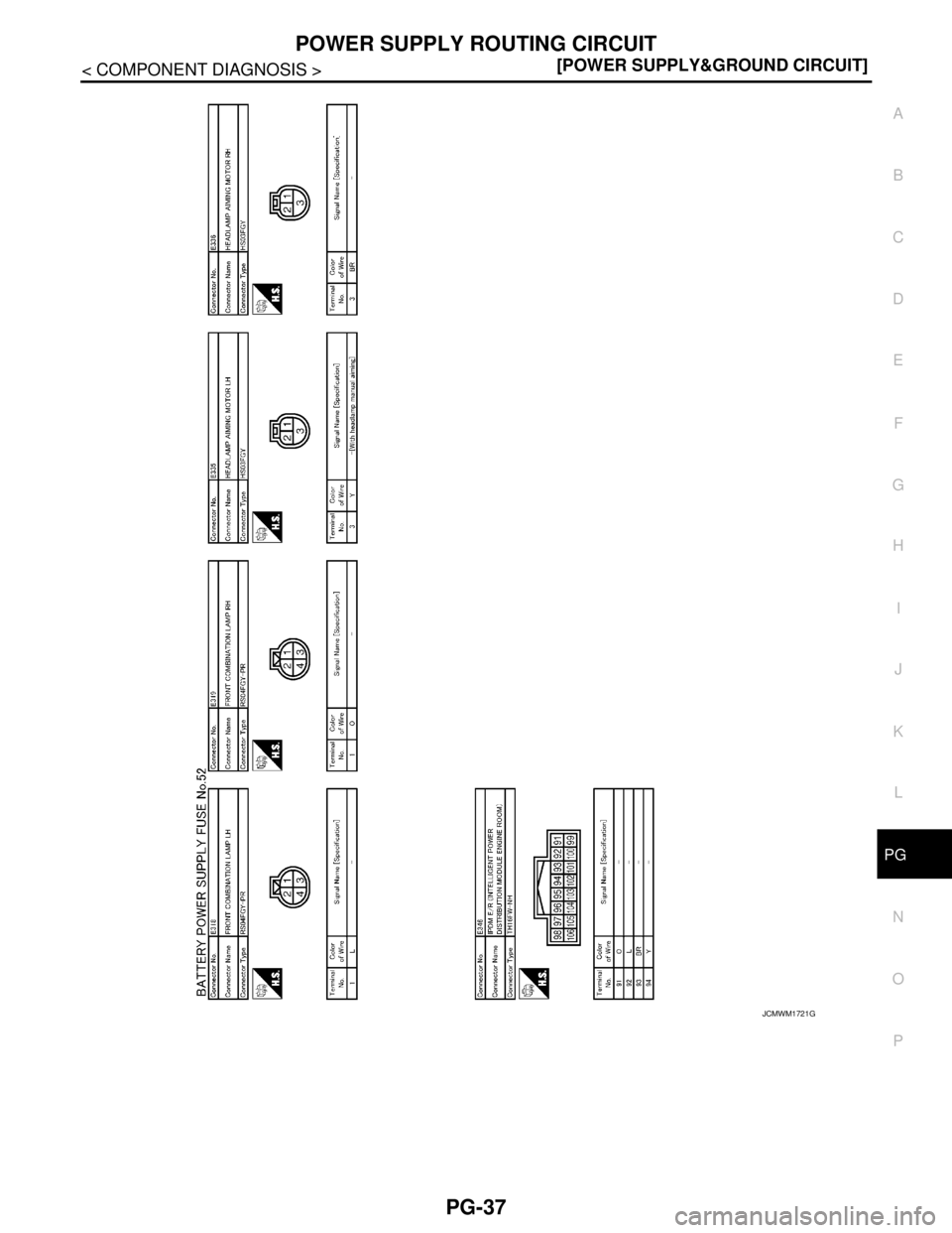 NISSAN TEANA 2008  Service Manual PG
POWER SUPPLY ROUTING CIRCUIT
PG-37
< COMPONENT DIAGNOSIS >[POWER SUPPLY&GROUND CIRCUIT]
C
D
E
F
G
H
I
J
K
L B A
O
P N
JCMWM1721GB 