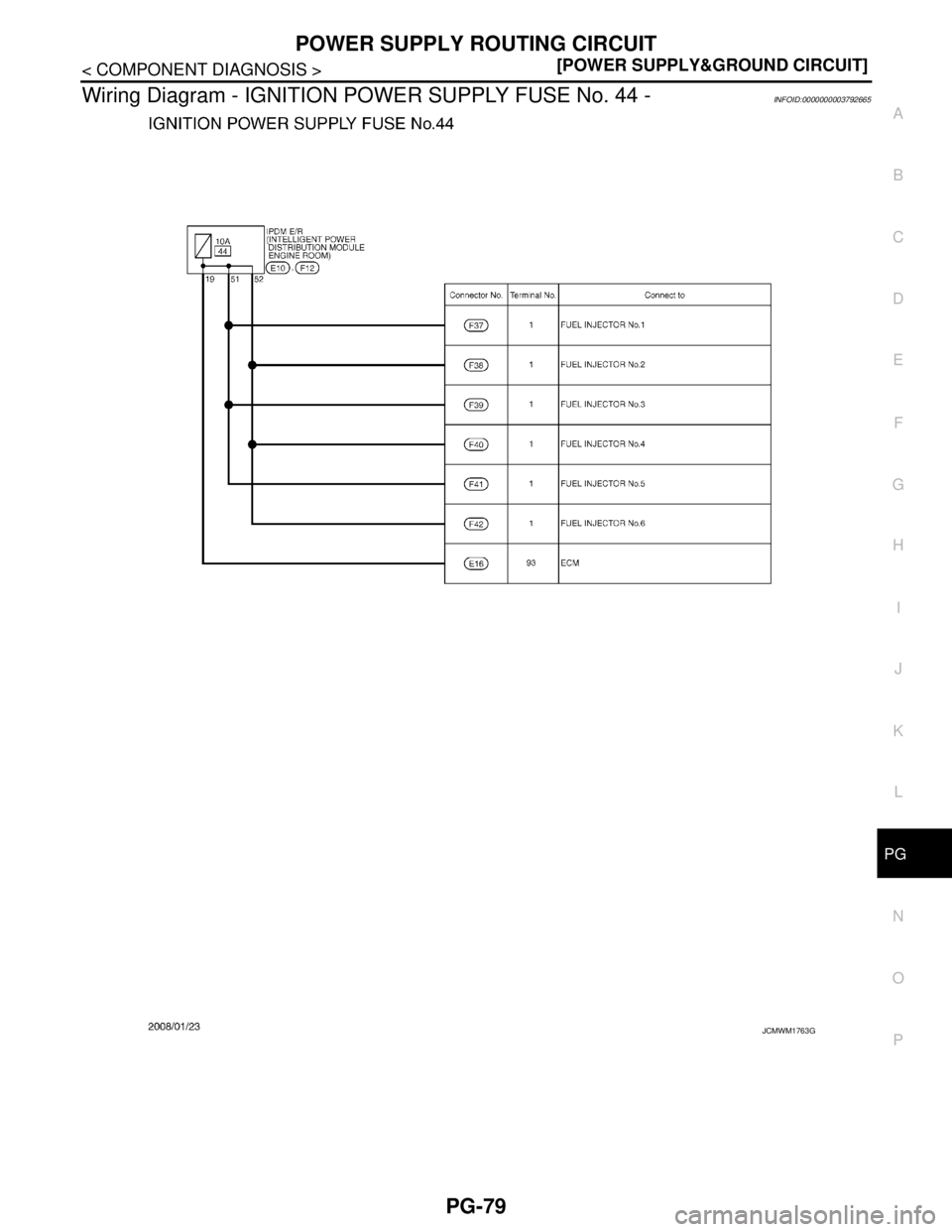 NISSAN TEANA 2008  Service Manual PG
POWER SUPPLY ROUTING CIRCUIT
PG-79
< COMPONENT DIAGNOSIS >[POWER SUPPLY&GROUND CIRCUIT]
C
D
E
F
G
H
I
J
K
L B A
O
P N
Wiring Diagram - IGNITION POWER SUPPLY FUSE No. 44 -INFOID:0000000003792665
JCM