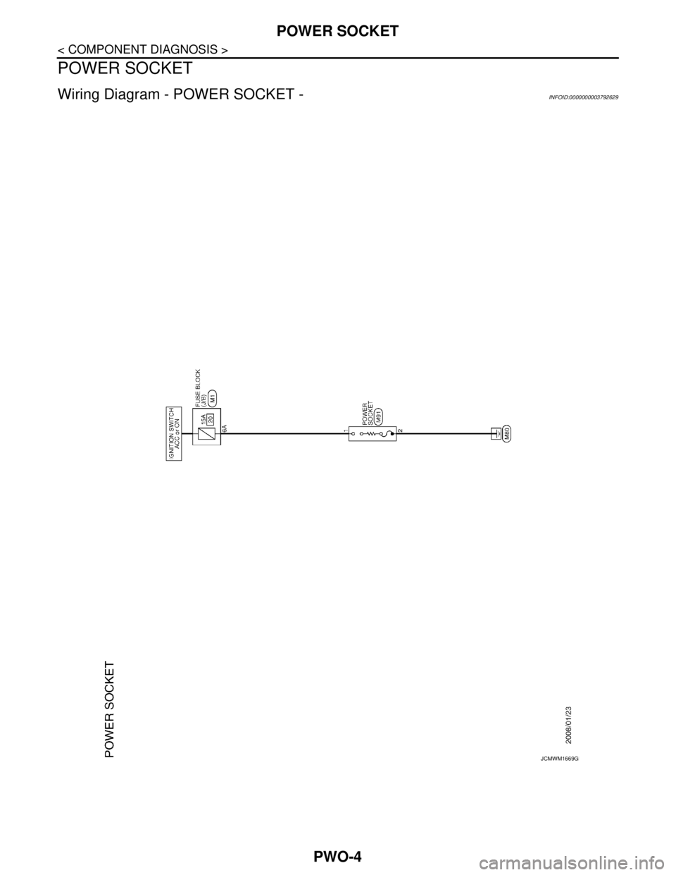 NISSAN TEANA 2008  Service Manual PWO-4
< COMPONENT DIAGNOSIS >
POWER SOCKET
POWER SOCKET
Wiring Diagram - POWER SOCKET -INFOID:0000000003792629
JCMWM1669GB 