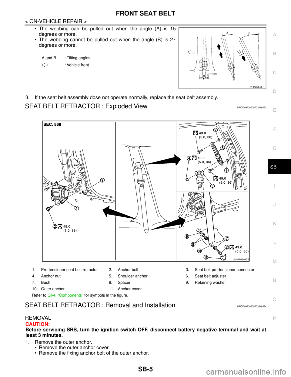 NISSAN TEANA 2008 Service Manual FRONT SEAT BELT
SB-5
< ON-VEHICLE REPAIR >
C
D
E
F
G
I
J
K
L
MA
B
SB
N
O
P
The webbing can be pulled out when the angle (A) is 15
degrees or more.
The webbing cannot be pulled out when the angle ( NISSAN TEANA 2008 Service Manual FRONT SEAT BELT
SB-5
< ON-VEHICLE REPAIR >
C
D
E
F
G
I
J
K
L
MA
B
SB
N
O
P
The webbing can be pulled out when the angle (A) is 15
degrees or more.
The webbing cannot be pulled out when the angle (