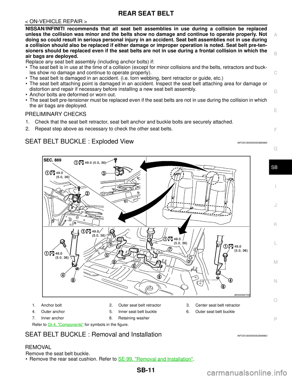 NISSAN TEANA 2008 Service Manual REAR SEAT BELT
SB-11
< ON-VEHICLE REPAIR >
C
D
E
F
G
I
J
K
L
MA
B
SB
N
O
P
NISSAN/INFINITI recommends that all seat belt assemblies in use during a collision be replaced
unless the collision was minor NISSAN TEANA 2008 Service Manual REAR SEAT BELT
SB-11
< ON-VEHICLE REPAIR >
C
D
E
F
G
I
J
K
L
MA
B
SB
N
O
P
NISSAN/INFINITI recommends that all seat belt assemblies in use during a collision be replaced
unless the collision was minor