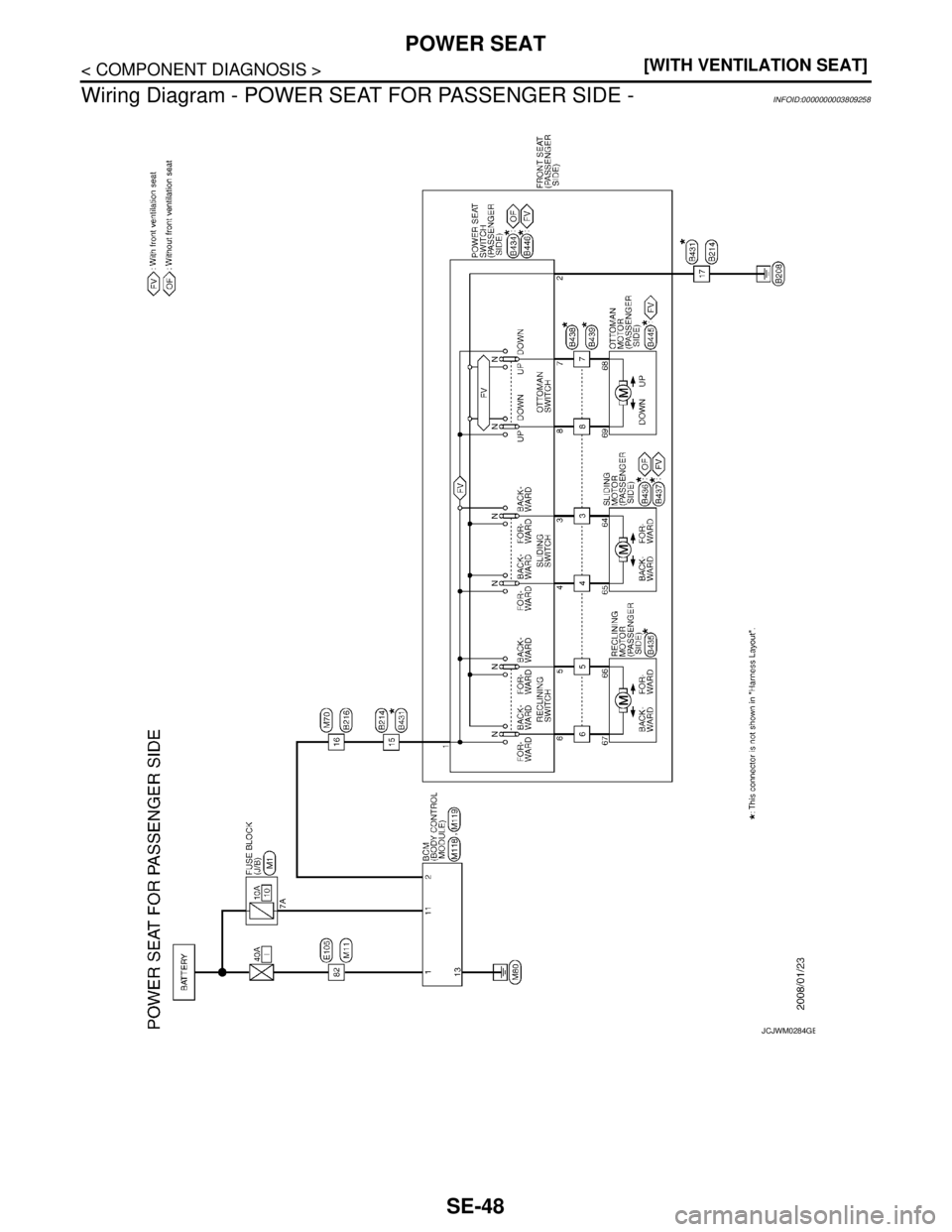 NISSAN TEANA 2008  Service Manual SE-48
< COMPONENT DIAGNOSIS >[WITH VENTILATION SEAT]
POWER SEAT
Wiring Diagram - POWER SEAT FOR PASSENGER SIDE -
INFOID:0000000003809258
JCJWM0284GB 