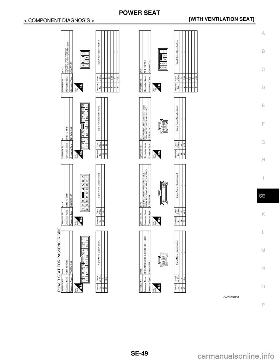 NISSAN TEANA 2008  Service Manual POWER SEAT
SE-49
< COMPONENT DIAGNOSIS >[WITH VENTILATION SEAT]
C
D
E
F
G
H
I
K
L
MA
B
SE
N
O
P
JCJWM0285GB 