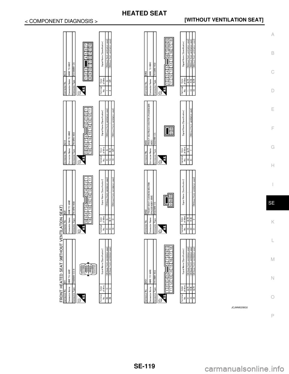 NISSAN TEANA 2008  Service Manual HEATED SEAT
SE-119
< COMPONENT DIAGNOSIS >[WITHOUT VENTILATION SEAT]
C
D
E
F
G
H
I
K
L
MA
B
SE
N
O
P
JCJWM0295GB 