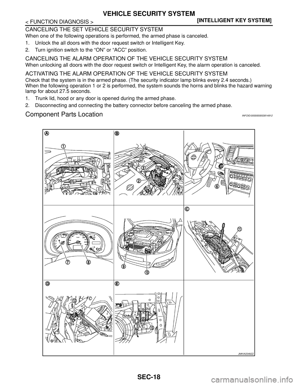 NISSAN TEANA 2008  Service Manual SEC-18
< FUNCTION DIAGNOSIS >[INTELLIGENT KEY SYSTEM]
VEHICLE SECURITY SYSTEM
CANCELING THE SET VEHICLE SECURITY SYSTEM
When one of the following operations is performed, the armed phase is canceled.
