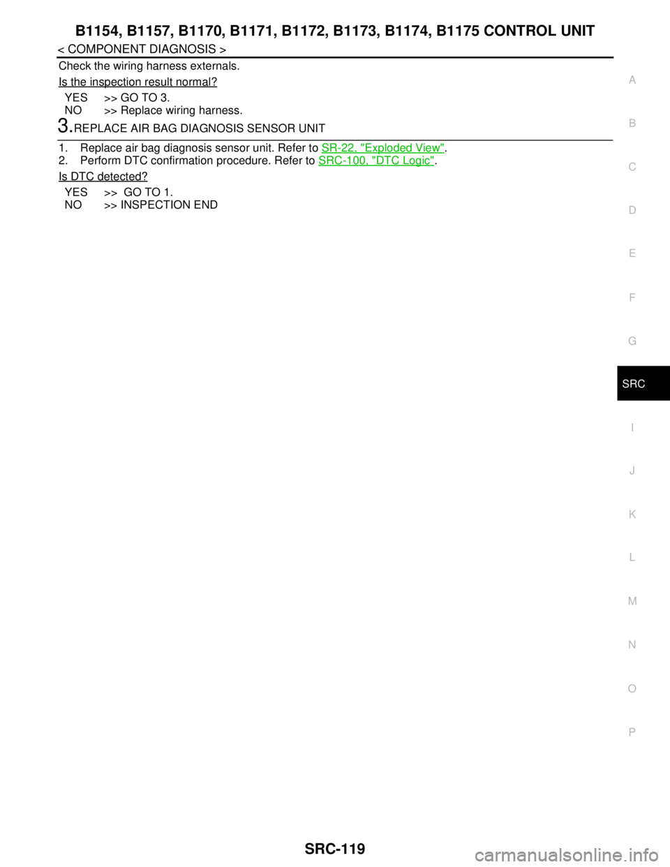 NISSAN TEANA 2008  Service Manual B1154, B1157, B1170, B1171, B1172, B1173, B1174, B1175 CONTROL UNIT
SRC-119
< COMPONENT DIAGNOSIS >
C
D
E
F
G
I
J
K
L
MA
B
SRC
N
O
P
Check the wiring harness externals.
Is the inspection result normal