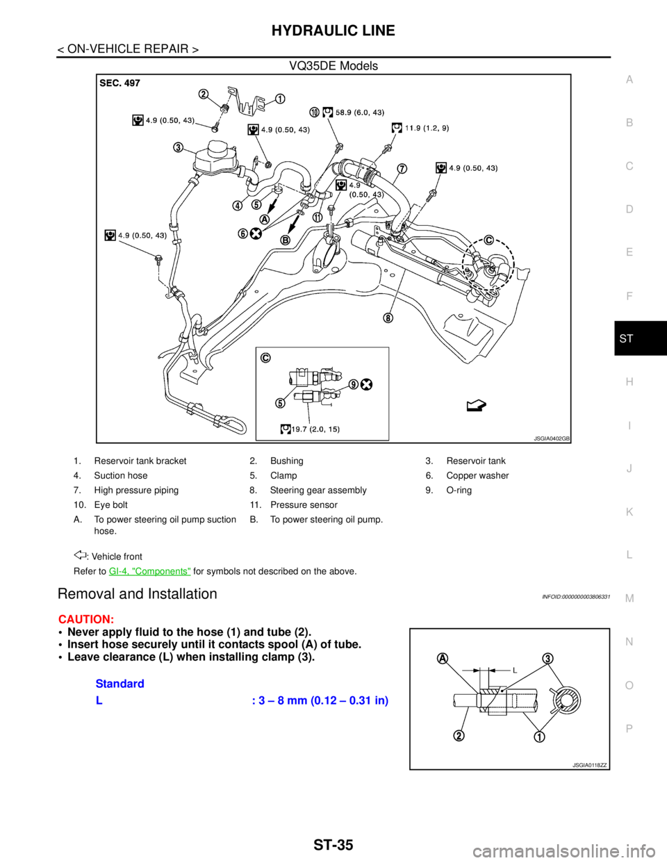 NISSAN TEANA 2008  Service Manual HYDRAULIC LINE
ST-35
< ON-VEHICLE REPAIR >
C
D
E
F
H
I
J
K
L
MA
B
ST
N
O
P
VQ35DE Models
Removal and InstallationINFOID:0000000003806331
CAUTION:
 Never apply fluid to the hose (1) and tube (2).
 In