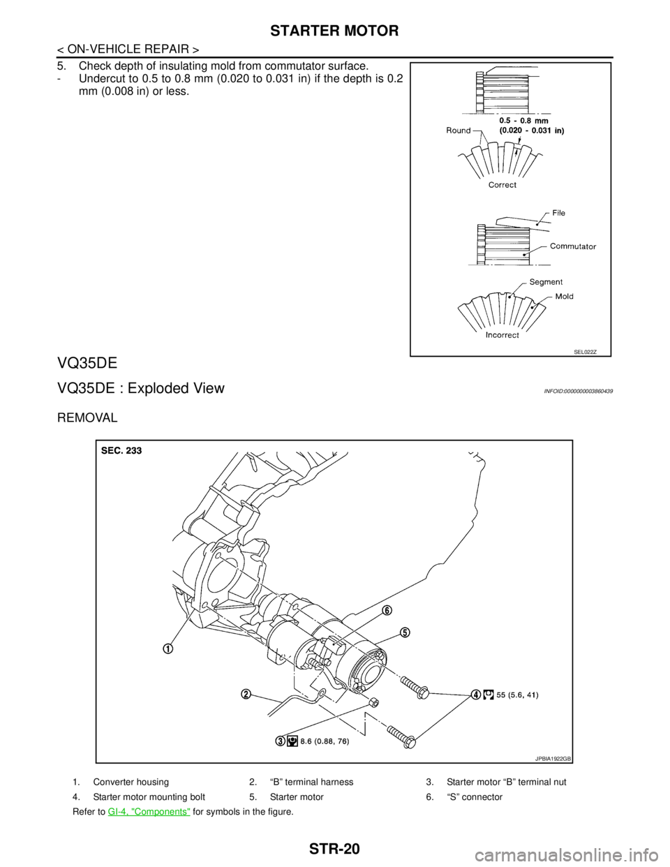 NISSAN TEANA 2008  Service Manual STR-20
< ON-VEHICLE REPAIR >
STARTER MOTOR
5. Check depth of insulating mold from commutator surface.
- Undercut to 0.5 to 0.8 mm (0.020 to 0.031 in) if the depth is 0.2
mm (0.008 in) or less. 
VQ35DE