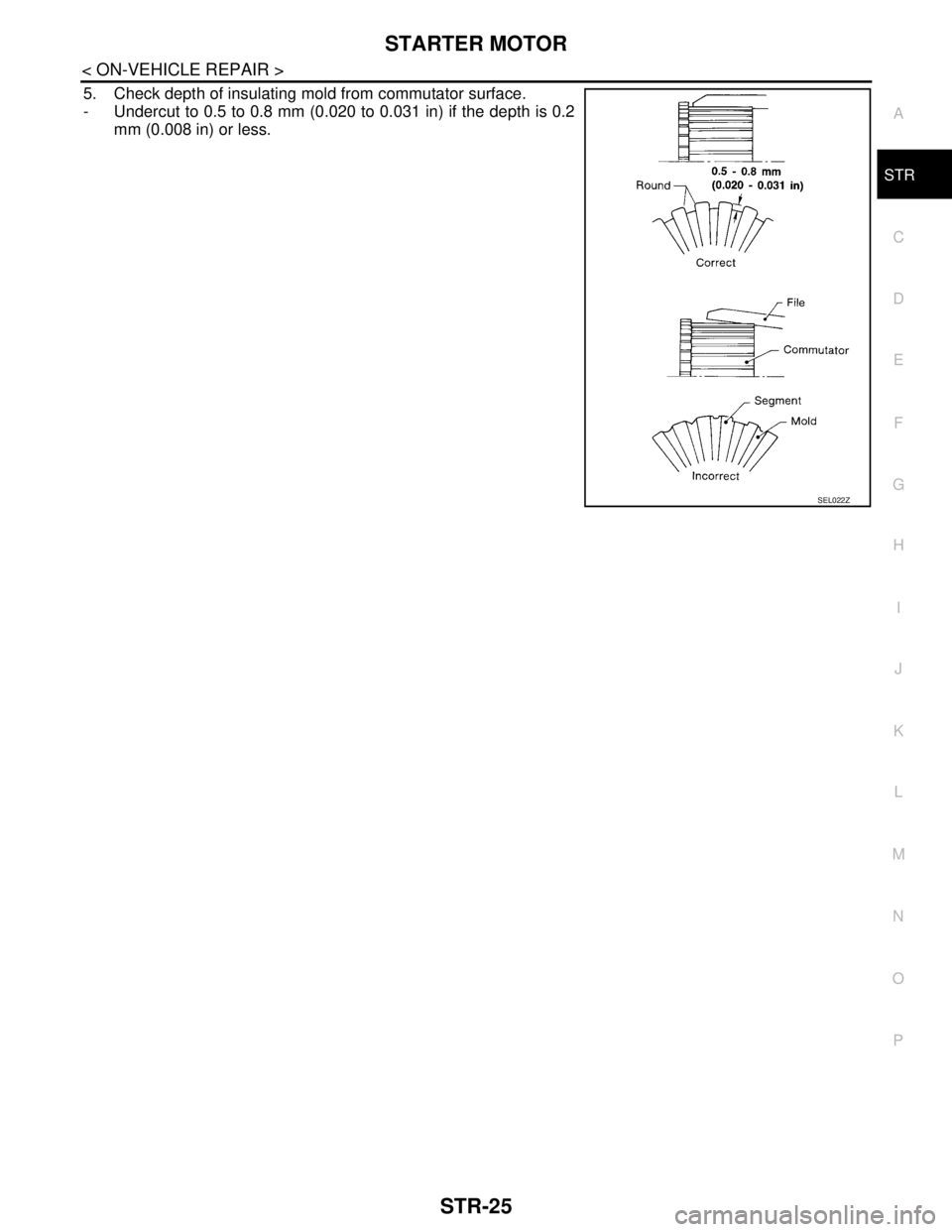 NISSAN TEANA 2008  Service Manual STARTER MOTOR
STR-25
< ON-VEHICLE REPAIR >
C
D
E
F
G
H
I
J
K
L
MA
STR
N
P O
5. Check depth of insulating mold from commutator surface.
- Undercut to 0.5 to 0.8 mm (0.020 to 0.031 in) if the depth is 0