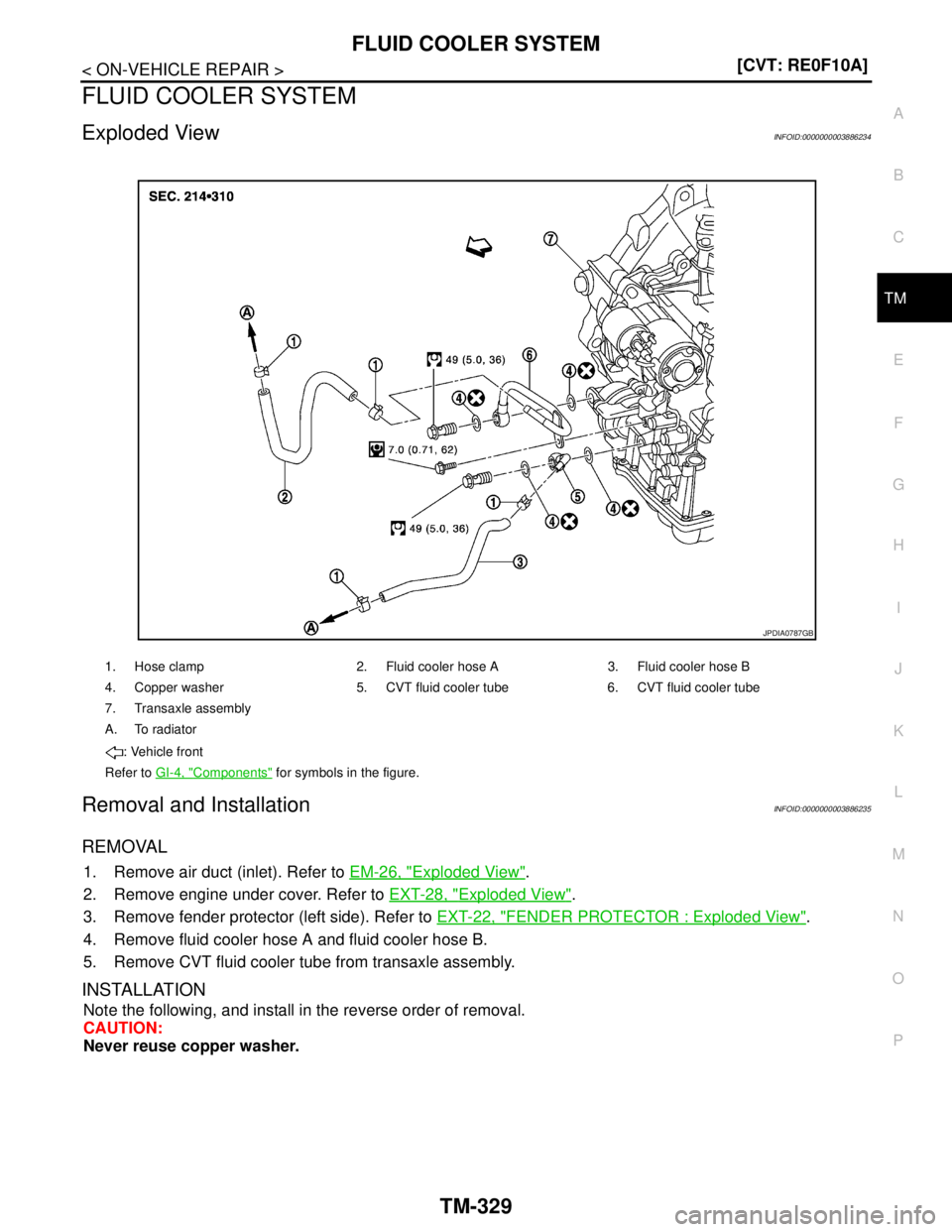 NISSAN TEANA 2008  Service Manual FLUID COOLER SYSTEM
TM-329
< ON-VEHICLE REPAIR >[CVT: RE0F10A]
C
E
F
G
H
I
J
K
L
MA
B
TM
N
O
P
FLUID COOLER SYSTEM
Exploded ViewINFOID:0000000003886234
Removal and InstallationINFOID:0000000003886235
