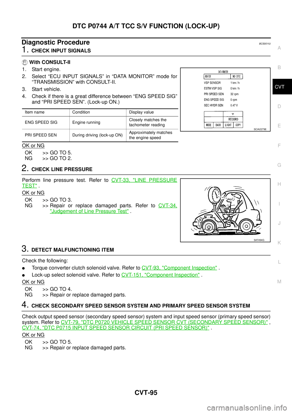 NISSAN TEANA 2003 Service Manual DTC P0744 A/T TCC S/V FUNCTION (LOCK-UP)
CVT-95
D
E
F
G
H
I
J
K
L
MA
B
CVT
Diagnostic ProcedureBCS001IU
1. CHECK INPUT SIGNALS
With CONSULT-II
1. Start engine.
2. Select “ECU INPUT SIGNALS” in NISSAN TEANA 2003 Service Manual DTC P0744 A/T TCC S/V FUNCTION (LOCK-UP)
CVT-95
D
E
F
G
H
I
J
K
L
MA
B
CVT
Diagnostic ProcedureBCS001IU
1. CHECK INPUT SIGNALS
With CONSULT-II
1. Start engine.
2. Select “ECU INPUT SIGNALS” in