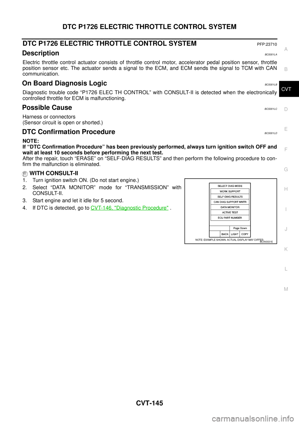 NISSAN TEANA 2003 Service Manual DTC P1726 ELECTRIC THROTTLE CONTROL SYSTEM
CVT-145
D
E
F
G
H
I
J
K
L
MA
B
CVT
DTC P1726 ELECTRIC THROTTLE CONTROL SYSTEMPFP:23710
DescriptionBCS001LA
Electric throttle control actuator consists of t NISSAN TEANA 2003 Service Manual DTC P1726 ELECTRIC THROTTLE CONTROL SYSTEM
CVT-145
D
E
F
G
H
I
J
K
L
MA
B
CVT
DTC P1726 ELECTRIC THROTTLE CONTROL SYSTEMPFP:23710
DescriptionBCS001LA
Electric throttle control actuator consists of t