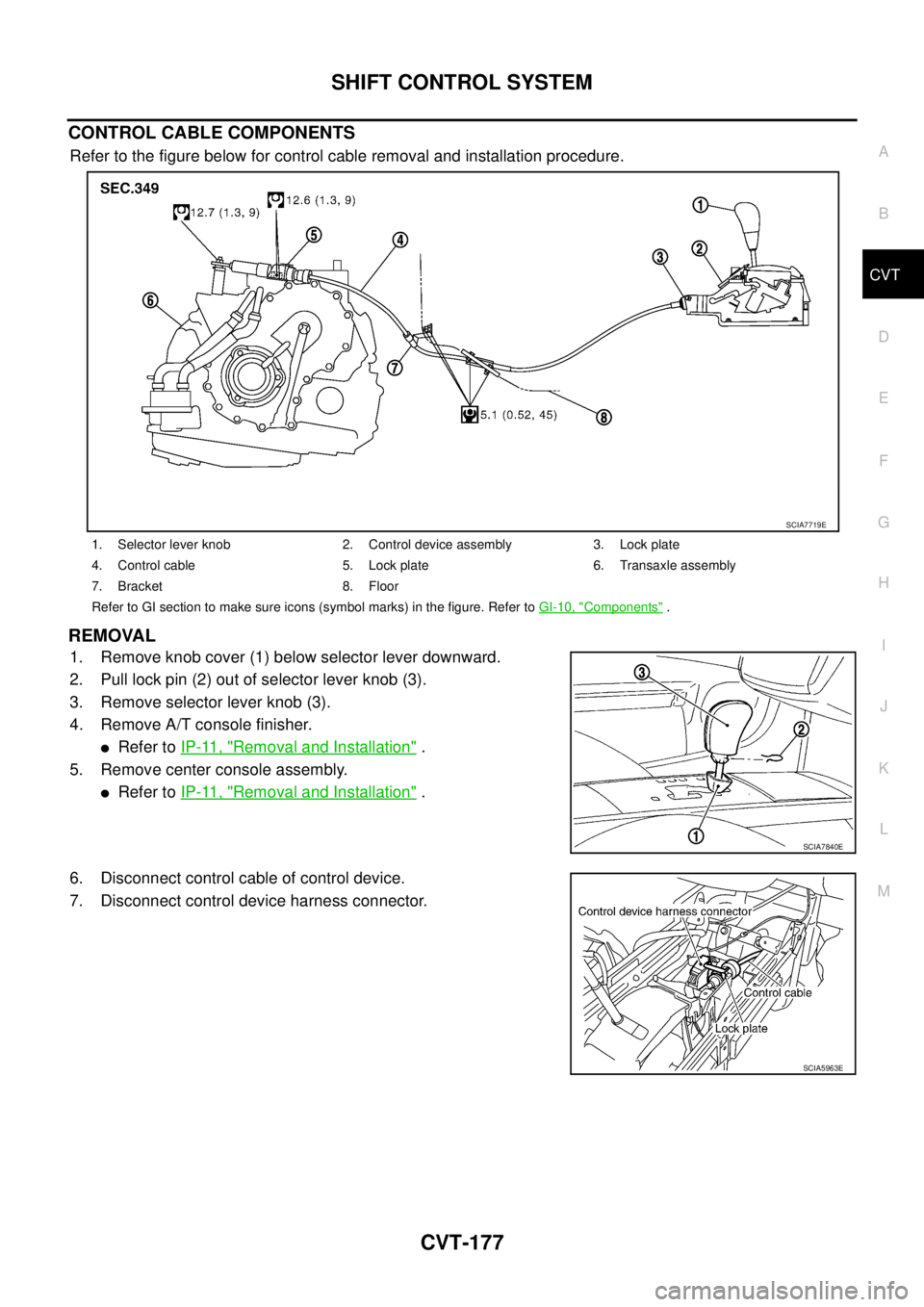 NISSAN TEANA 2003  Service Manual SHIFT CONTROL SYSTEM
CVT-177
D
E
F
G
H
I
J
K
L
MA
B
CVT
 
CONTROL CABLE COMPONENTS
Refer to the figure below for control cable removal and installation procedure. 
REMOVAL
1. Remove knob cover (1) bel