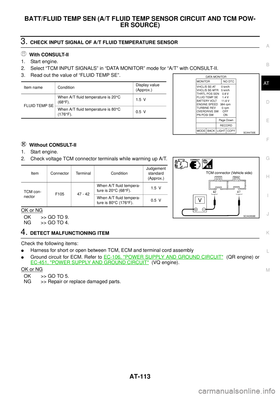 NISSAN TEANA 2003  Service Manual BATT/FLUID TEMP SEN (A/T FLUID TEMP SENSOR CIRCUIT AND TCM POW-
ER SOURCE)
AT-113
D
E
F
G
H
I
J
K
L
MA
B
AT
 
3. CHECK INPUT SIGNAL OF A/T FLUID TEMPERATURE SENSOR
 With CONSULT-II
1. Start engine.
2.