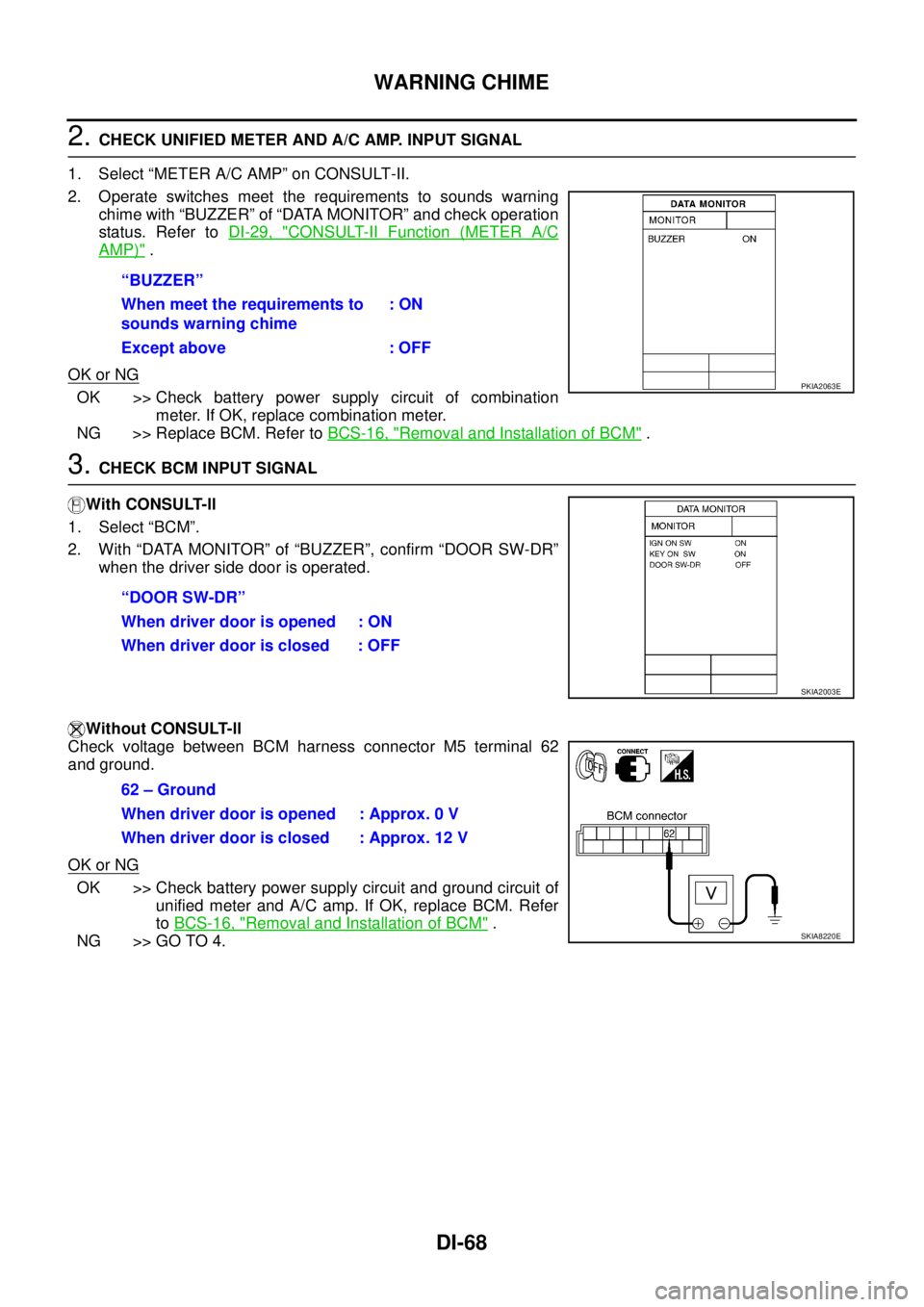 NISSAN TEANA 2003  Service Manual DI-68
WARNING CHIME
 
2. CHECK UNIFIED METER AND A/C AMP. INPUT SIGNAL
1. Select “METER A/C AMP” on CONSULT-II.
2. Operate switches meet the requirements to sounds warning
chime with “BUZZER” 