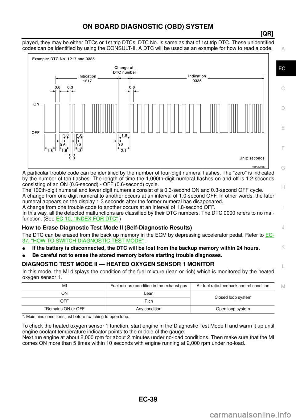 NISSAN TEANA 2003  Service Manual ON BOARD DIAGNOSTIC (OBD) SYSTEM
EC-39
[QR]
C
D
E
F
G
H
I
J
K
L
MA
EC
 
played, they may be either DTCs or 1st trip DTCs. DTC No. is same as that of 1st trip DTC. These unidentified
codes can be ident