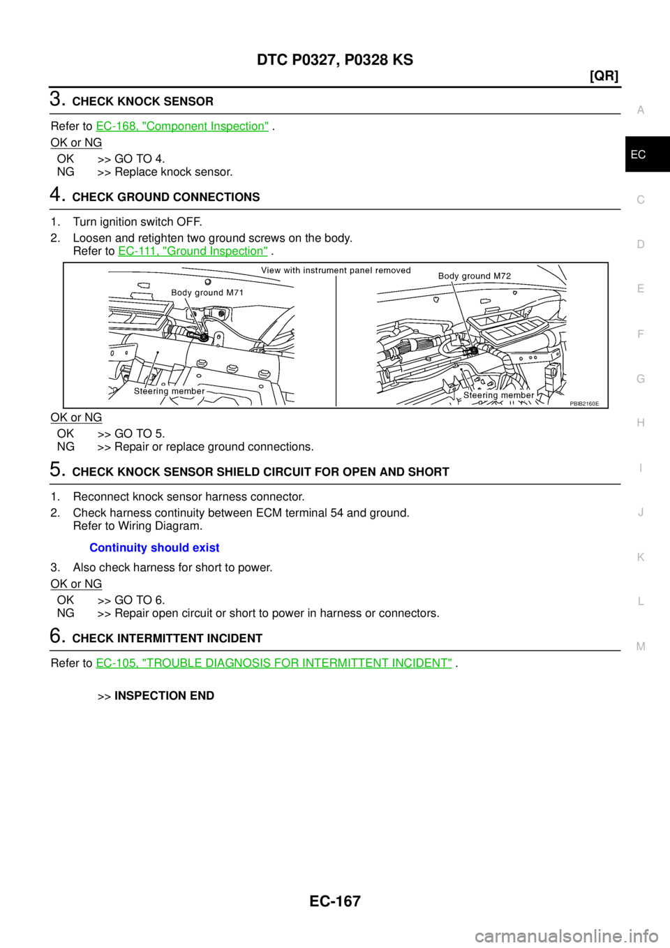 NISSAN TEANA 2003  Service Manual DTC P0327, P0328 KS
EC-167
[QR]
C
D
E
F
G
H
I
J
K
L
MA
EC
 
3. CHECK KNOCK SENSOR
Refer to EC-168, "
Component Inspection" .
OK or NG
OK >> GO TO 4.
NG >> Replace knock sensor.
4. CHECK GROUND CONNECT