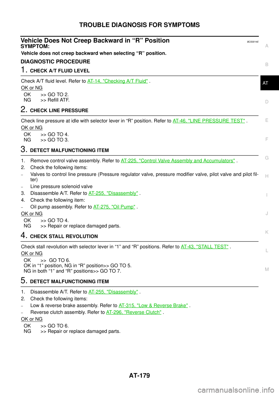 NISSAN TEANA 2003 Service Manual TROUBLE DIAGNOSIS FOR SYMPTOMS
AT-179
D
E
F
G
H
I
J
K
L
MA
B
AT
Vehicle Does Not Creep Backward in “R” PositionBCS0014E
SYMPTOM:
Vehicle does not creep backward when selecting “R” position.
NISSAN TEANA 2003 Service Manual TROUBLE DIAGNOSIS FOR SYMPTOMS
AT-179
D
E
F
G
H
I
J
K
L
MA
B
AT
Vehicle Does Not Creep Backward in “R” PositionBCS0014E
SYMPTOM:
Vehicle does not creep backward when selecting “R” position.